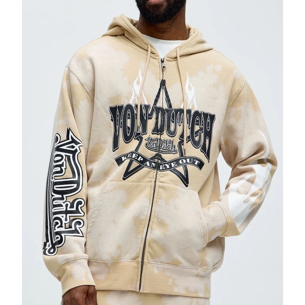 Von Dutch Men's Star Tie Dye Flames Full Zip Hoodie - Tan Cream - Size 2XL
